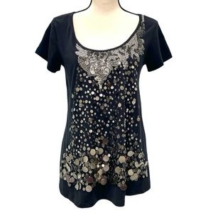 BUI DE BARBARA BUI EMBELLISHED BLACK TUNIC COTTON T SHIRT W SEQUINS & PAILLETTES